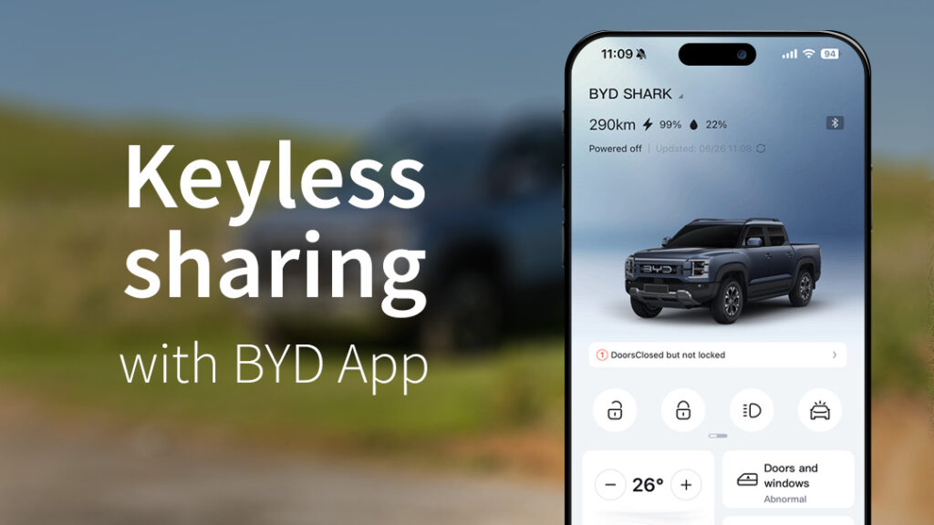 Keyless Sharing text next to a smartphone that has the BYD app open