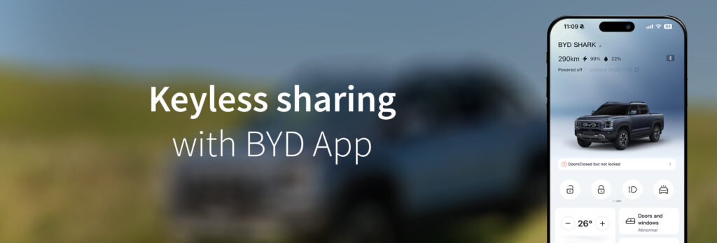 Keyless sharing text with BYD App on smartphone and blurry background