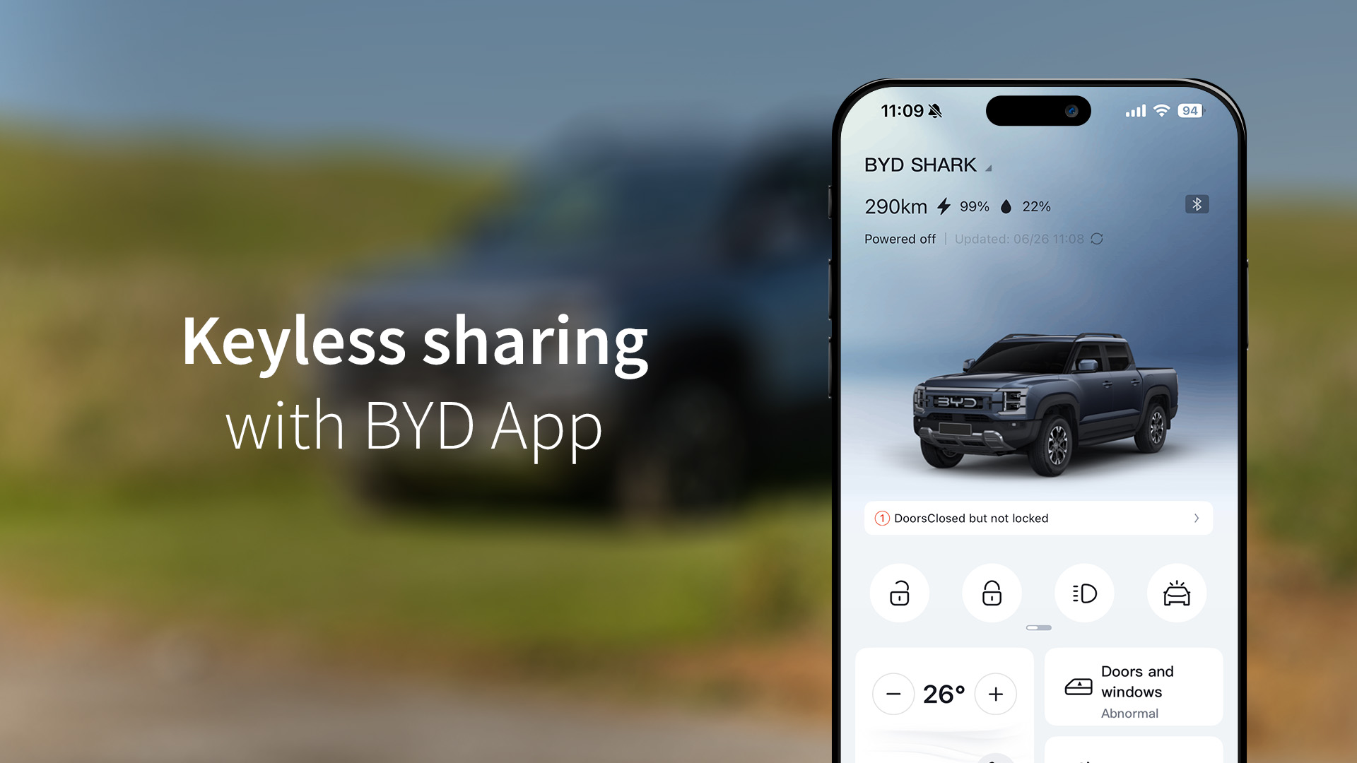 Keyless Sharing text next to a smartphone that has the BYD app open
