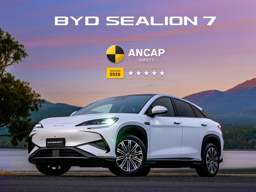 BYD Sealion 7 white SUV with 5 star ANCAP rating logo above