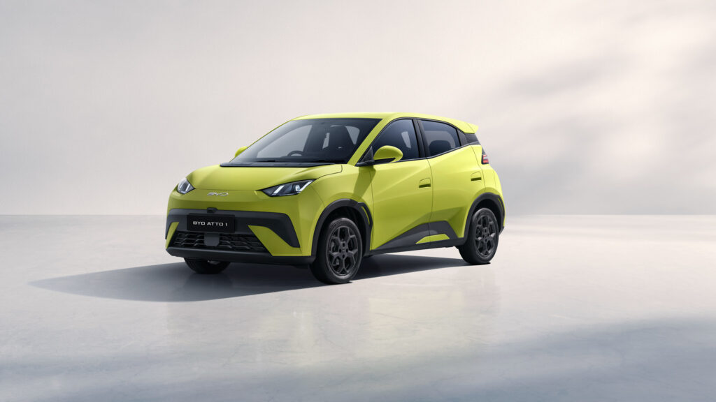 BYD Atto 1 Sprout Green render, front quarter turn view