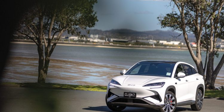 2025 BYD Sealion 7 Performance in Arctic White parked near ocean