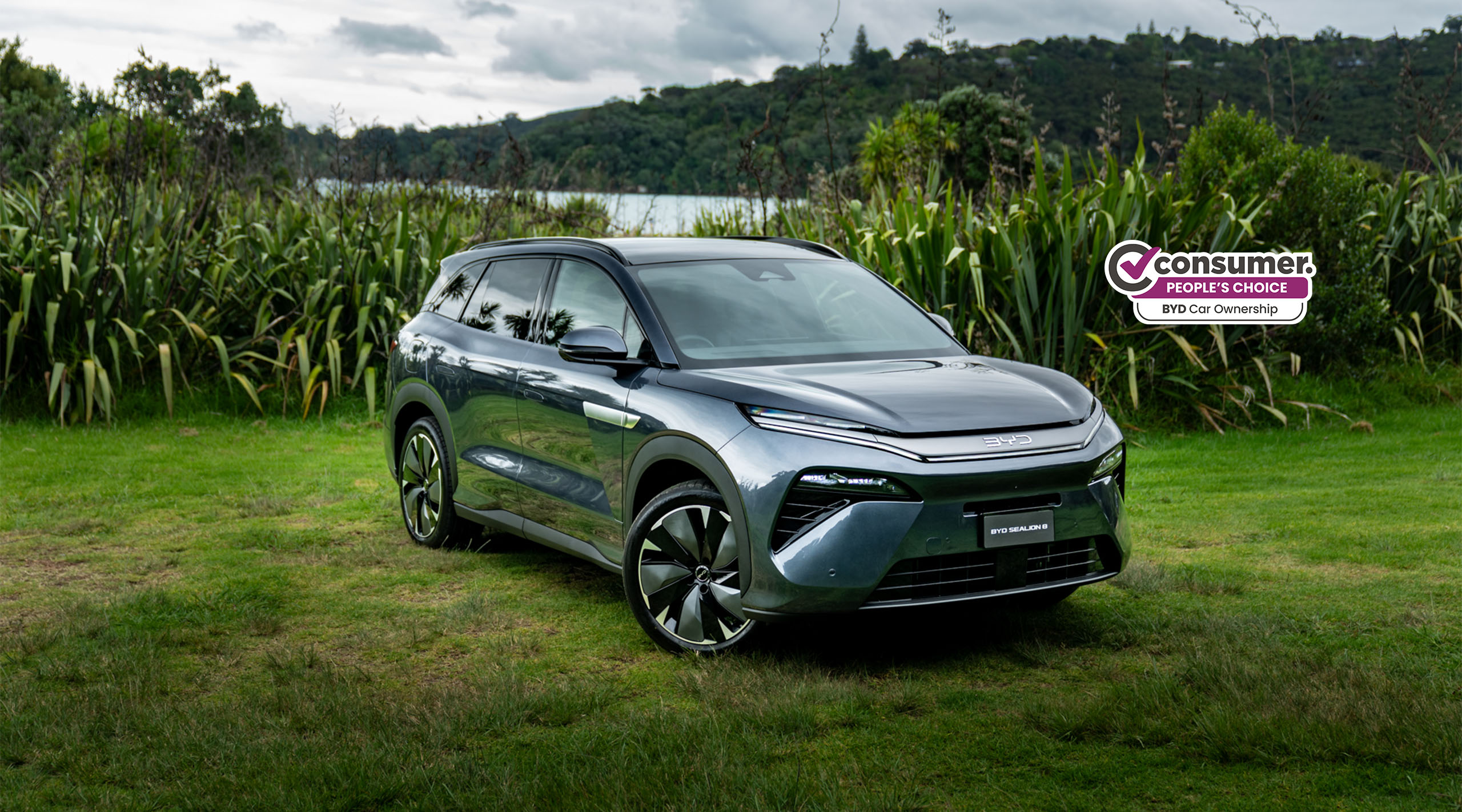 BYD Sealion 8 front angle shot, parked near lake in New Zealand flax bush