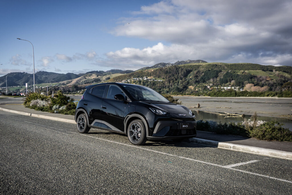 Black BYD ATTO 1 Premium, parked on side of the road, near estuary, Nelson, NZ.