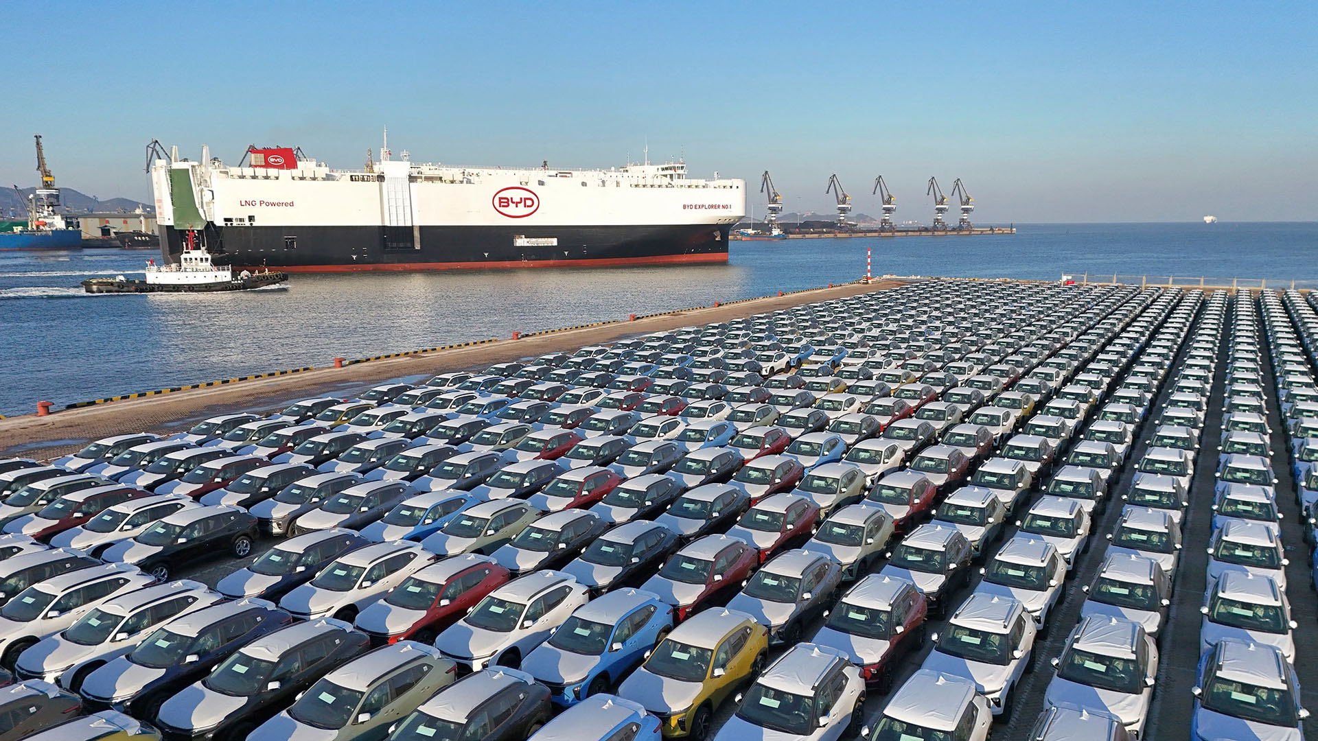 BYD shipping car carrier at port with hundreds of BYD cars parked waiting to be loaded