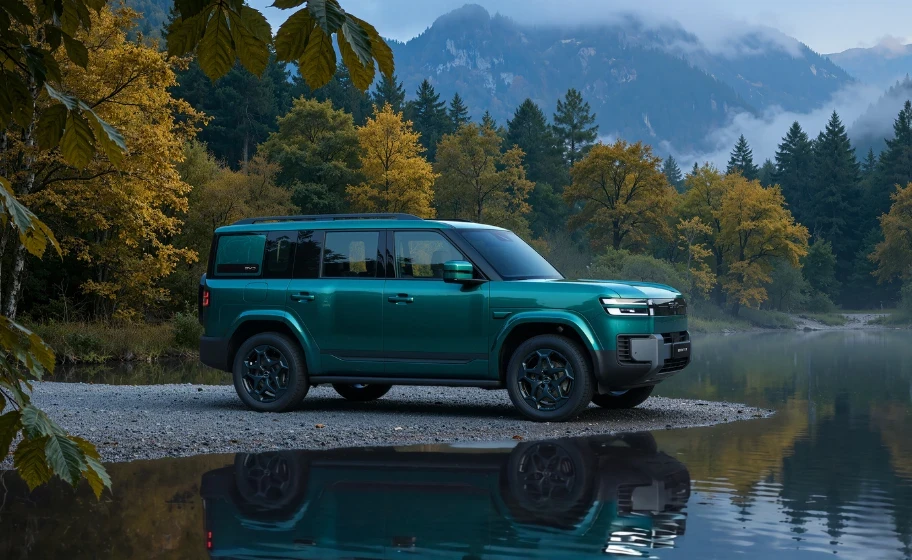 BYD Ti 7 SUV in green, parked on rocks near forest lake